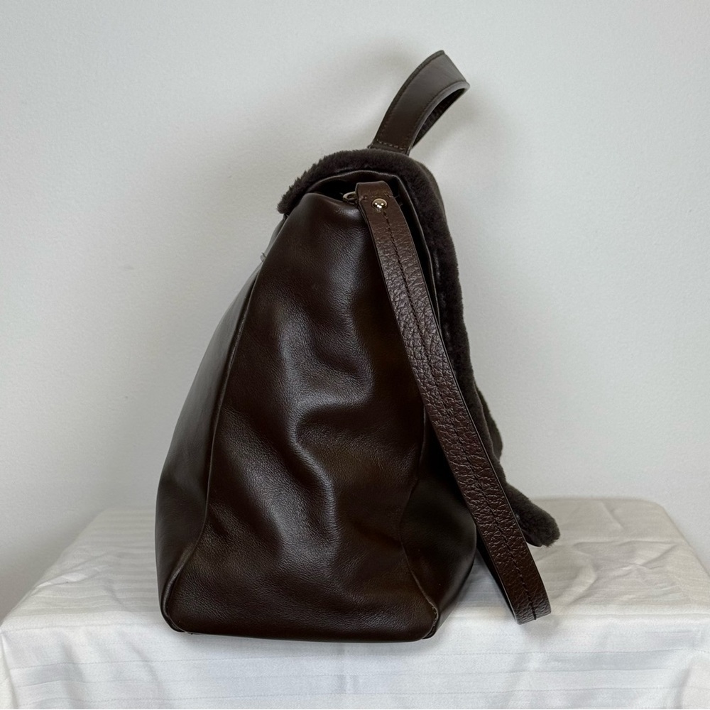 Varriale Italian Dark Brown Leather And Shearling Messenger Bag Adjustable Strap - Picture 5 of 16